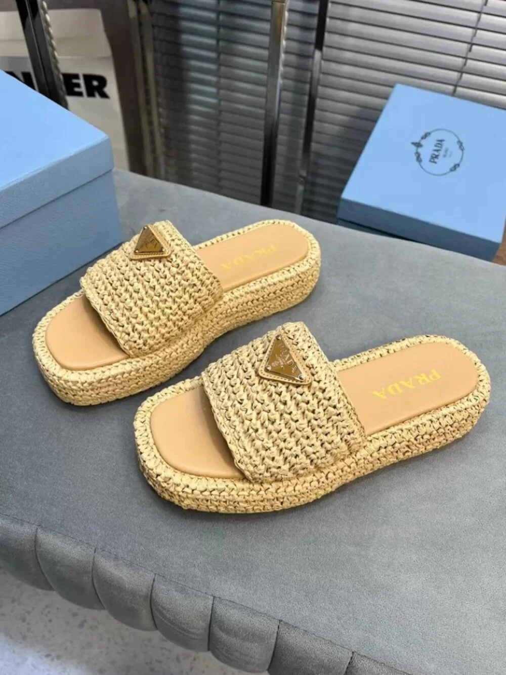 Prada Beige Woven Raffia Slide Sandals